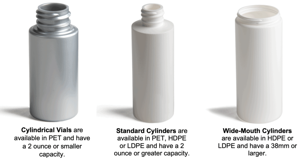 Plastic cylindrical bottles and vials