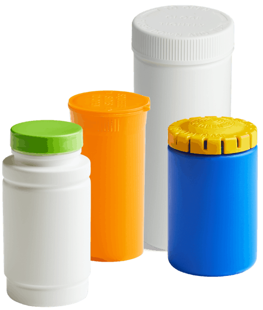 Group of cannabis containers and plastic closures