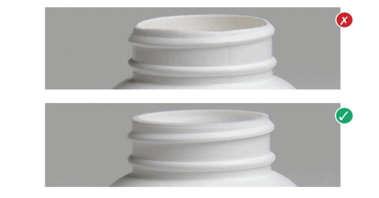 Example of uneven sealing surface and proper sealing surface for a plastic bottle