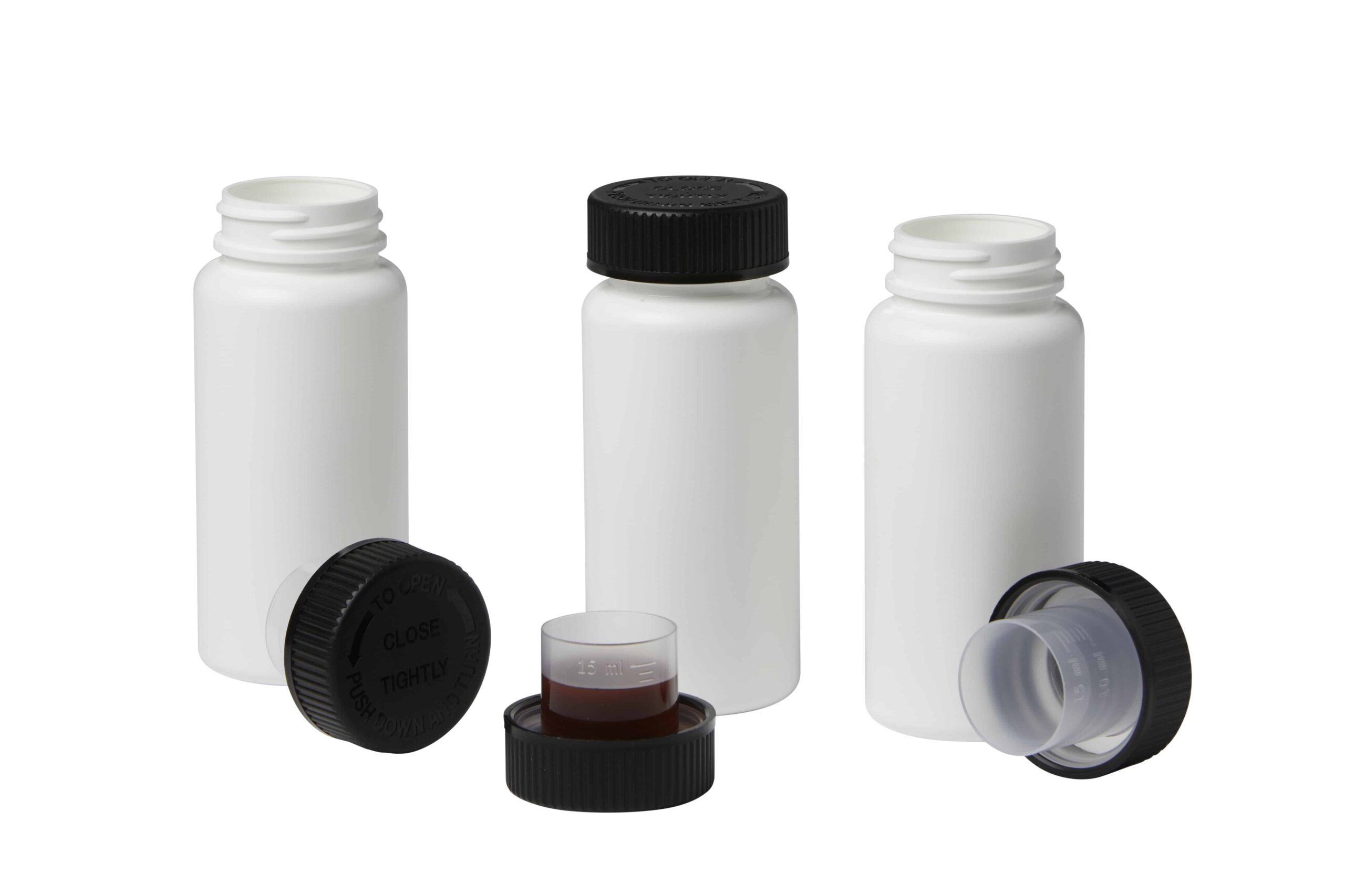 Three white plastic straight sided cylinder bottles with SecuRx Dosage caps