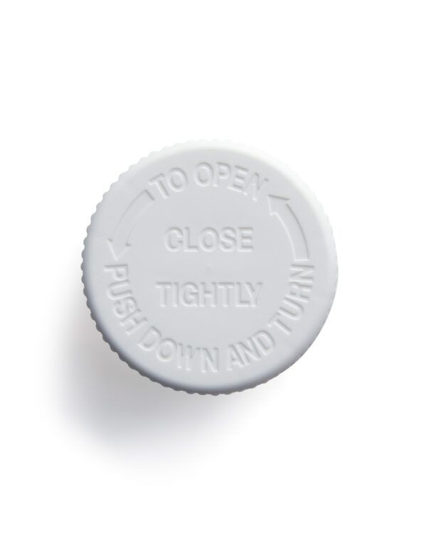 38 mm SecuRx® 15ml Dosage Cap™ with Ribbed Side Text Top