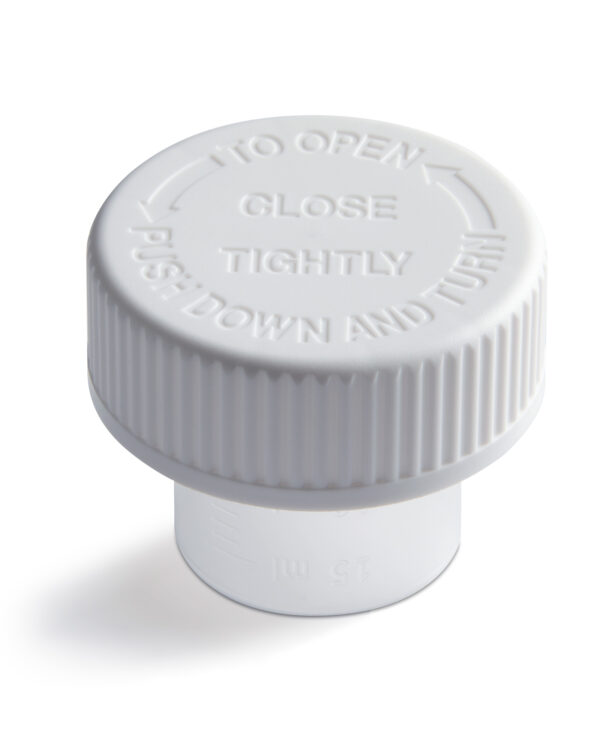 38 mm SecuRx® 15ml Dosage Cap™ with Ribbed Side Text Top